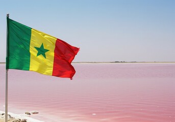 Waving Senegalese Flag Symbolizing Teranga Spirit By the Unique Pink Waters of Lake Retba