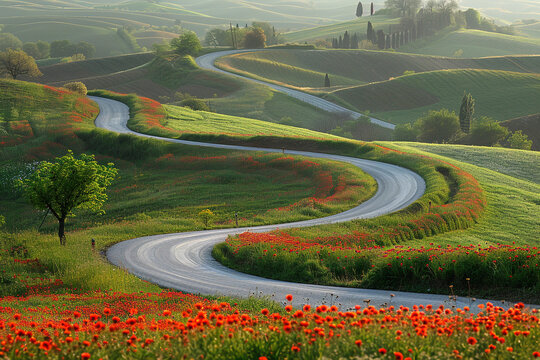 A winding mountain road carves through a vibrant green landscape with a river flowing through a valley under a summer sky