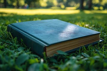 Green book mockup resting on lush grass with soft natural light

