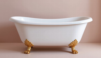 Classic white freestanding bathtub with elegant golden claw feet, set against soft pink background, exudes sense of luxury and relaxation, perfect for serene bathroom ambiance