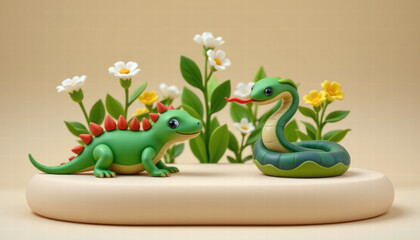 Stylized cartoonish dinosaur and snake figurines surrounded by flowers and greenery, creating playful and vibrant scene. cheerful expressions add whimsical touch to display