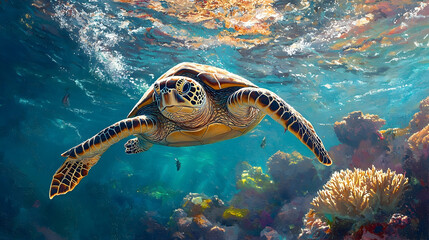 Fototapeta premium Sea turtle swimming in vibrant coral reef.