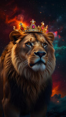 Fototapeta premium A majestic lion with a crown on his head stands proudly in golden light at sunset, with a sky full of stars behind it, symbolizing the bold and royal essence of the Leo zodiac sign.