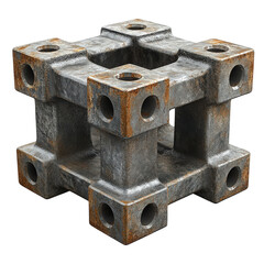 Intricate metal cube construction featuring multiple drilled holes and weathered texture