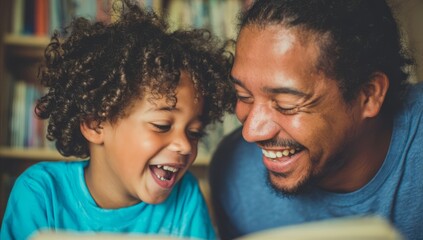 Obraz premium Smiling Dad and Little Boy Enjoying Storytime Together at Home Library