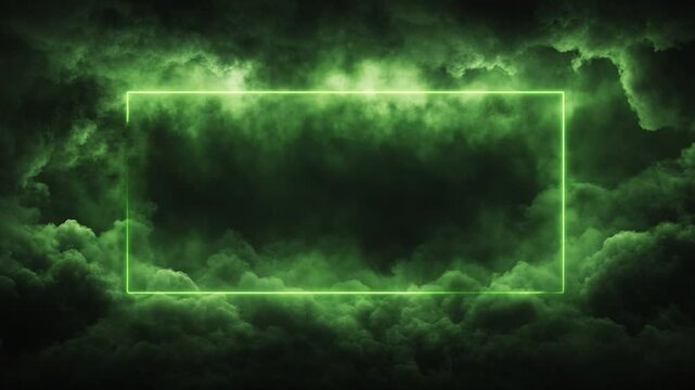 Glowing Green Neon Frame in Dark Clouds
