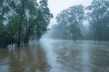 Obraz premium Misty flooded forest landscape after a heavy rain.