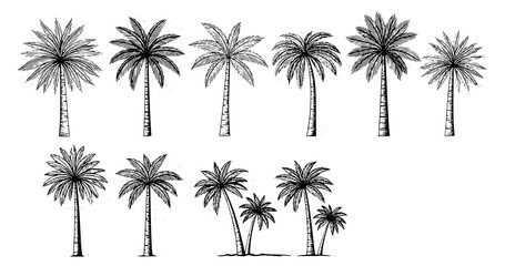Palm trees on white background. Logo and print design templates, summer palms, tropical surfing concept, vacation and travel. Transparent PNG version.