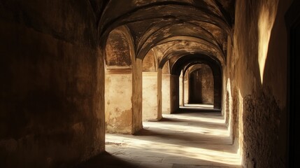 Obraz premium Sunbeams illuminating a stone archway within a historic building