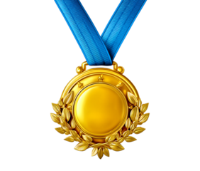 A badge icon design with a gold ribbon decoration and the number one in the middle, A gold medal with a blue ribbon icon on transparent background