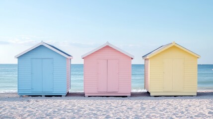 Three Pastel Beach Cabins on a Sandy Shore