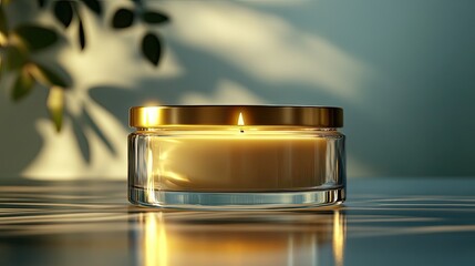 Aroma candle in a clear glass jar with cotton wick and yellow gold lid, 3D render for branding.