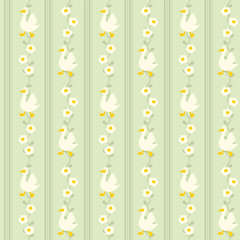 Green Seamless Pattern with Ducks and Flowers illustration. Cute Animal Repeat Design for Kids and Fabric