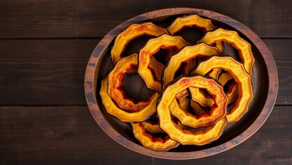 plating seasonal texture golden brown acorn squash roasted rings top-down food photography wooden tray copy space
