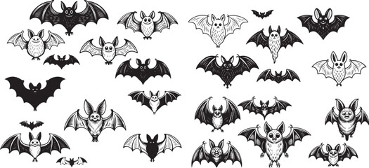 Fototapeta premium Silhouettes of Bats in Various Poses, Perfect for Halloween, Fantasy, and Wildlife Theme