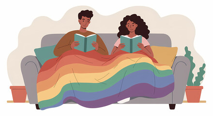 Couple Cozying Up Under Rainbow Blanket Reading Books