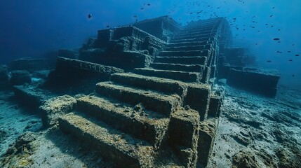 Ancient underwater city with lost architecture and sea creatures swimming in the ocean depths.