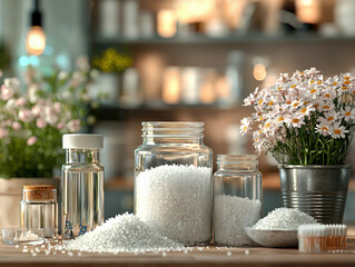 A scientific display showcasing boric acid in a laboratory setting with equipment