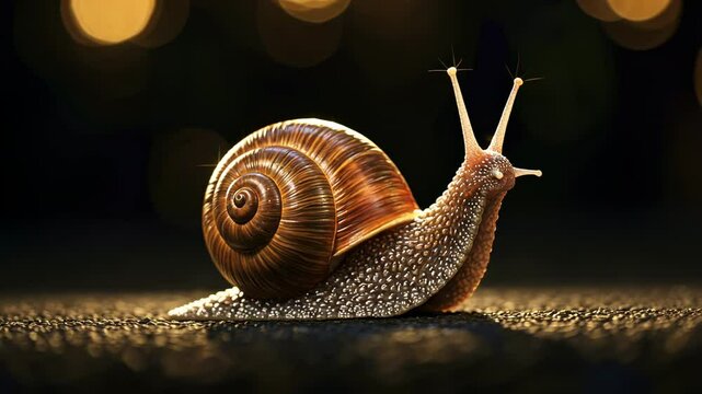 Detailed rendering of a snail with a spiral shell on a dark surface