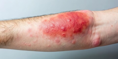 A swollen red growth on an arm, skin rash, lump,  skin rash, lump, irritation