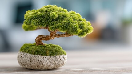 Bonsai tree growing in a rock signifying organizational growth and resilience within a office environment