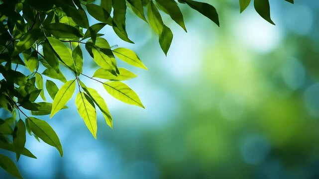 Lush green leaves swaying gently in the breeze against a blurred nature background