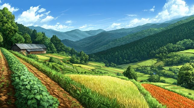 Enchanting Anime Inspired Farmscape with Vibrant Crops and Rolling
