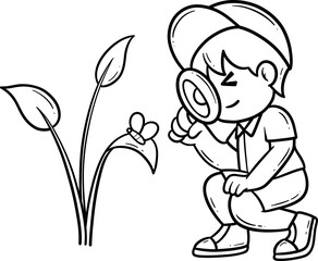 Child Examining a Flower Cartoon Outline