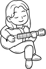 Girl Playing Guitar Cartoon Outline