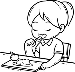 Child Eating Meal in School Outline
