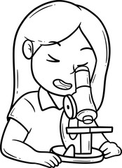 Girl Using Microscope in Laboratory Cartoon Outline
