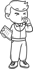 Boy with Whistle and Clipboard Cartoon Outline