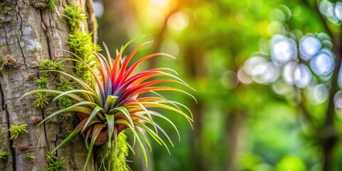 Air plant, Tillandsia ionantha, epiphyte on tree trunk, tillandsia, botany