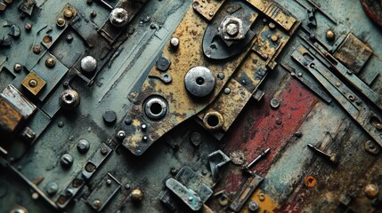 Abstract Close-Up of a Rusted Metallic Surface with Various Shapes and Textures