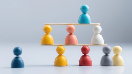 Obraz premium Wooden balance scale with group of people illustrating equity and fairness in a remote team context