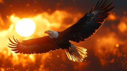 Obraz premium Majestic bald eagle soaring against a vibrant sunset.