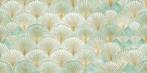 Classic scallop-inspired design for seamless repeat wallpaper with intricate gold accent details and delicate wave motifs in soft pastel hues