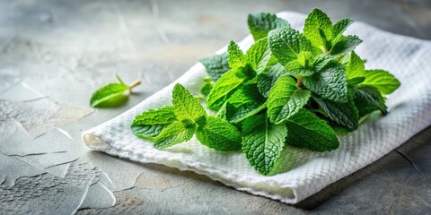 Fresh mint leaves drying on a paper towel