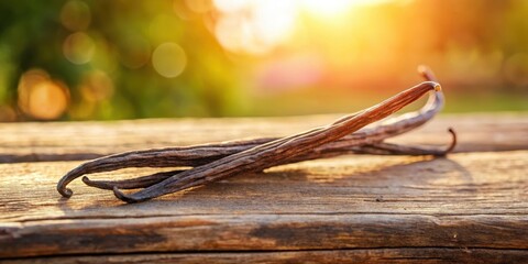 vanilla pod drying in the sun on a wooden beam