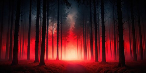 Mysterious forest at dusk with a dark black background and a red gradient mystical darkness mysterious background