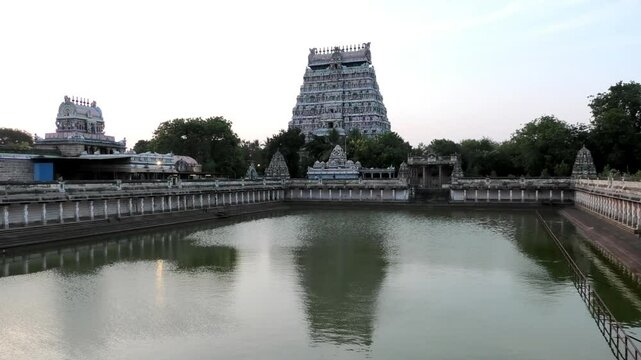 The large temple pond and surroundings of Nataraja Temple, Chidambaram, Tamil Nadu, India