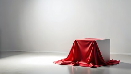 Empty cube with red silk cloth isolated on white background