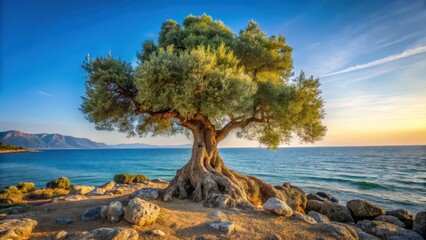 Ancient Olive Tree Grows on Rocky Beach
