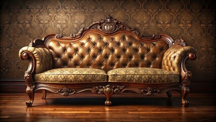A luxurious antique sofa sits elegantly in a dimly lit dark wood room with rich ornate details and warm golden tones