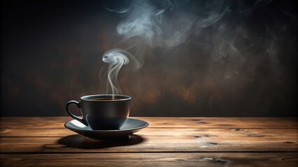 A steaming cup of dark liquid on a minimalist wooden table with subtle lighting