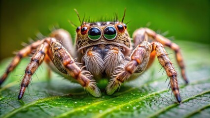Tiny jumping spider in close-up with razor-sharp fangs and pedipalps on a leaf surface