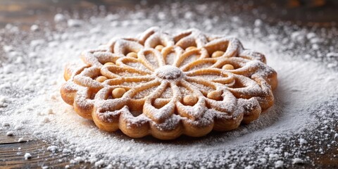 Delicate pastry with intricate designs covered in a generous dusting of powdered sugar