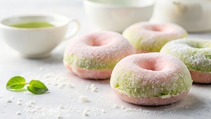 Soft pink mochi donuts with green tea powder dusting on a white background