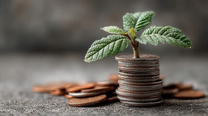 Vibrant plant emerging from a stack of coins symbolizing growth and strategic investment in financial concepts