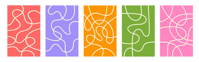 Abstract set vertical backgrounds with dynamic linear waves. Trendy vector illustration in style retro 70s, 80s	
